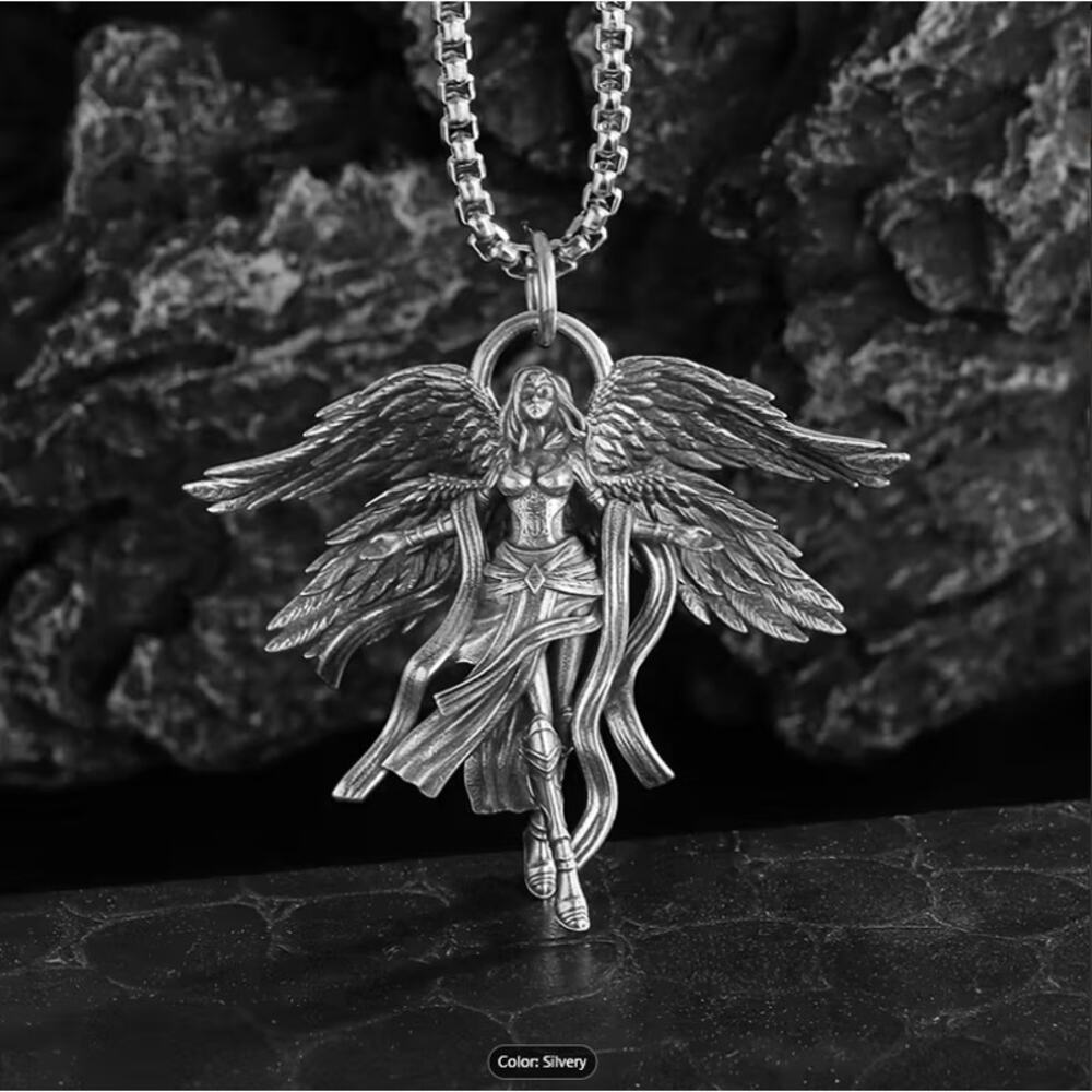 Vintage Style Silver Gothic Angel Wing Pendant Necklace Fantasy Archangel